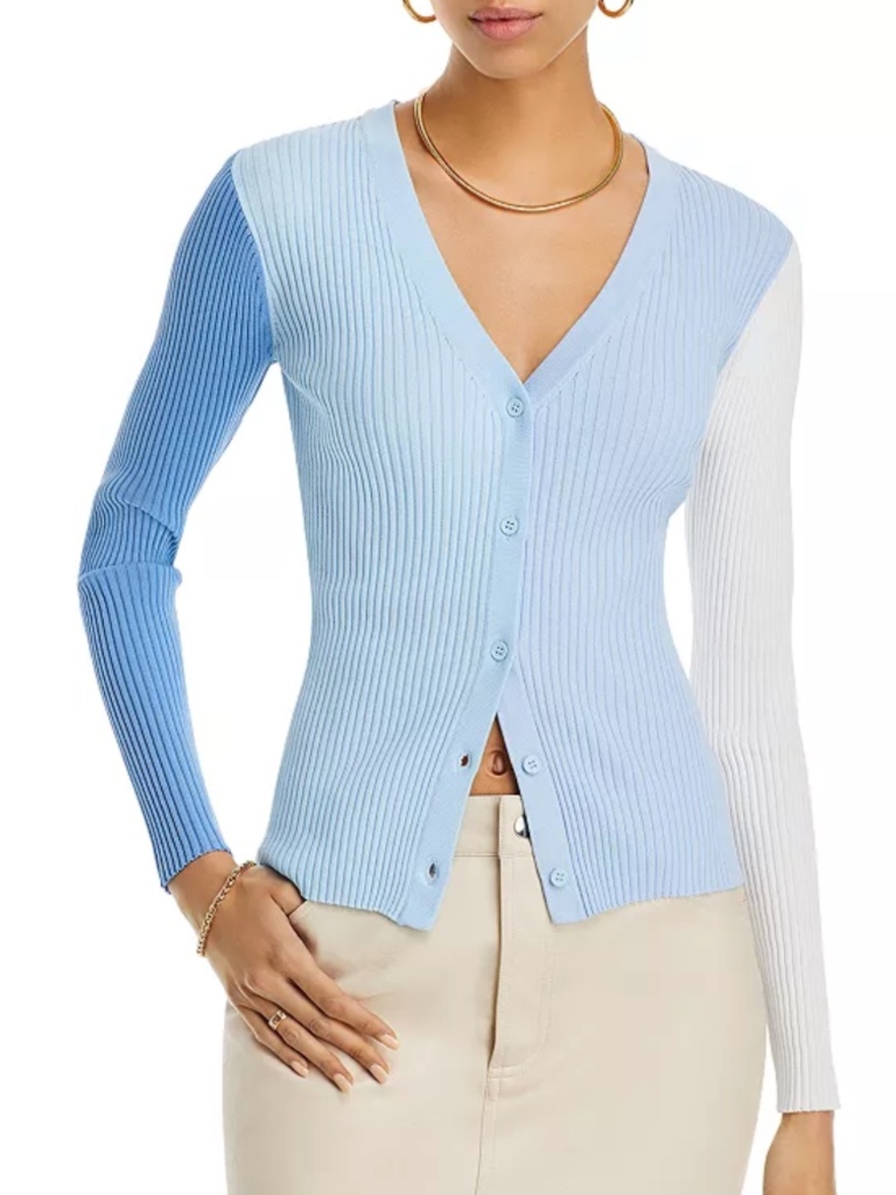STAUD Colorblock Ribbed V-Neck Cardigan Sky Blue White Button Front XL